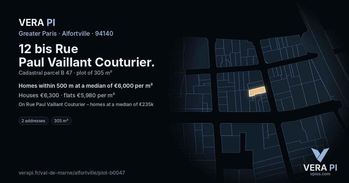 12 bis Rue Paul Vaillant Couturier, Alfortville at night – the plot lit, the parcels around coloured by the prices near them