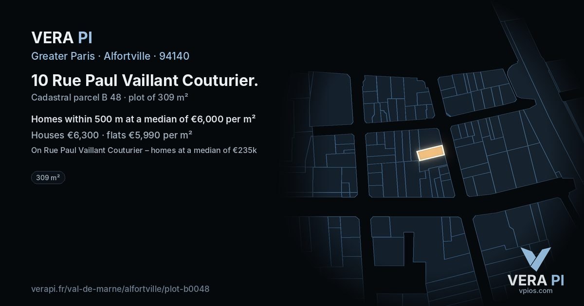 10 Rue Paul Vaillant Couturier, Alfortville at night – the plot lit, the parcels around coloured by the prices near them