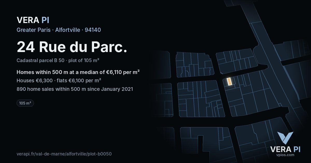 24 Rue du Parc, Alfortville at night – the plot lit, the parcels around coloured by the prices near them