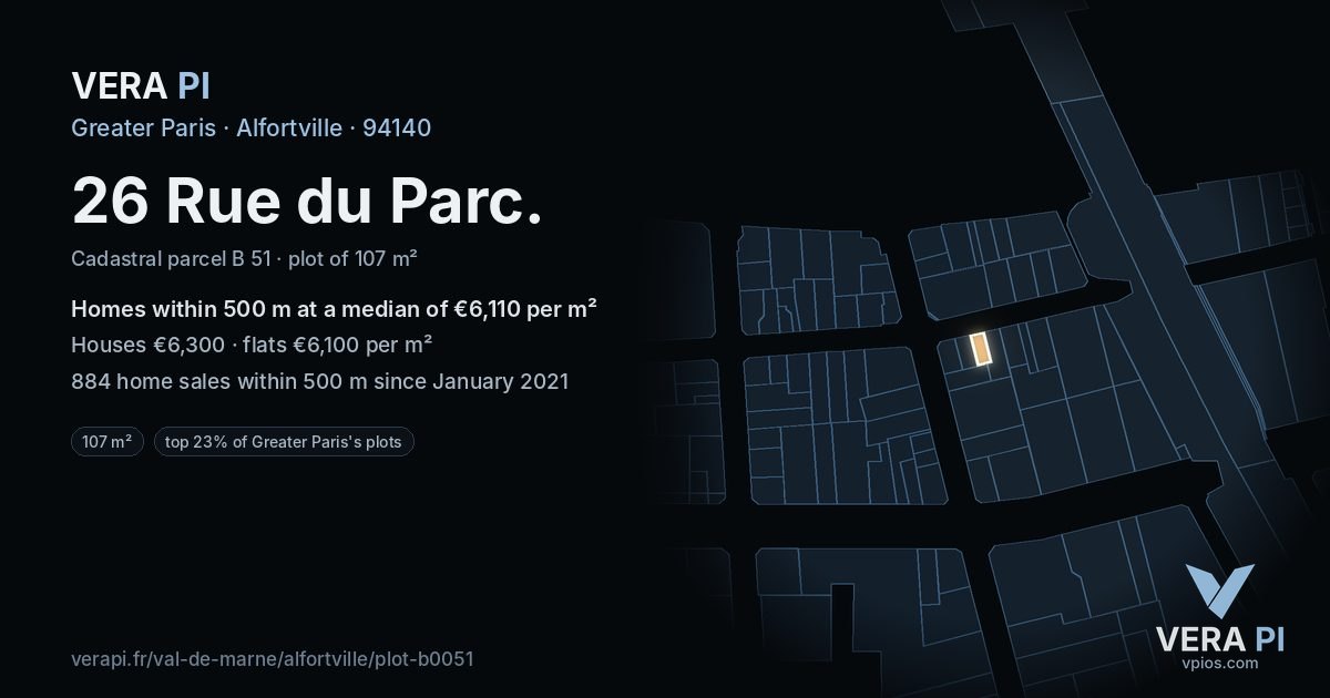 26 Rue du Parc, Alfortville at night – the plot lit, the parcels around coloured by the prices near them