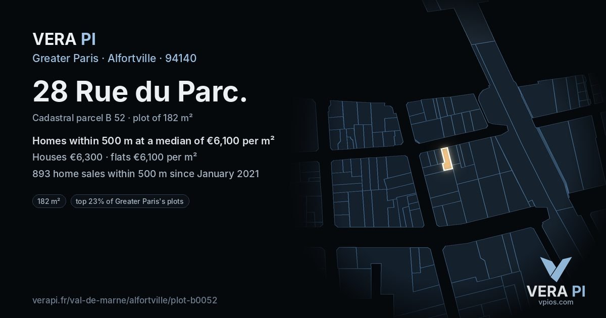 28 Rue du Parc, Alfortville at night – the plot lit, the parcels around coloured by the prices near them
