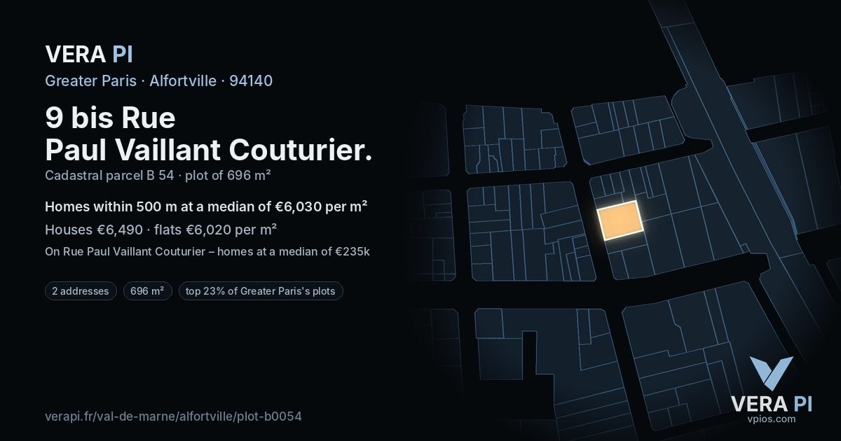 9 bis Rue Paul Vaillant Couturier, Alfortville at night – the plot lit, the parcels around coloured by the prices near them