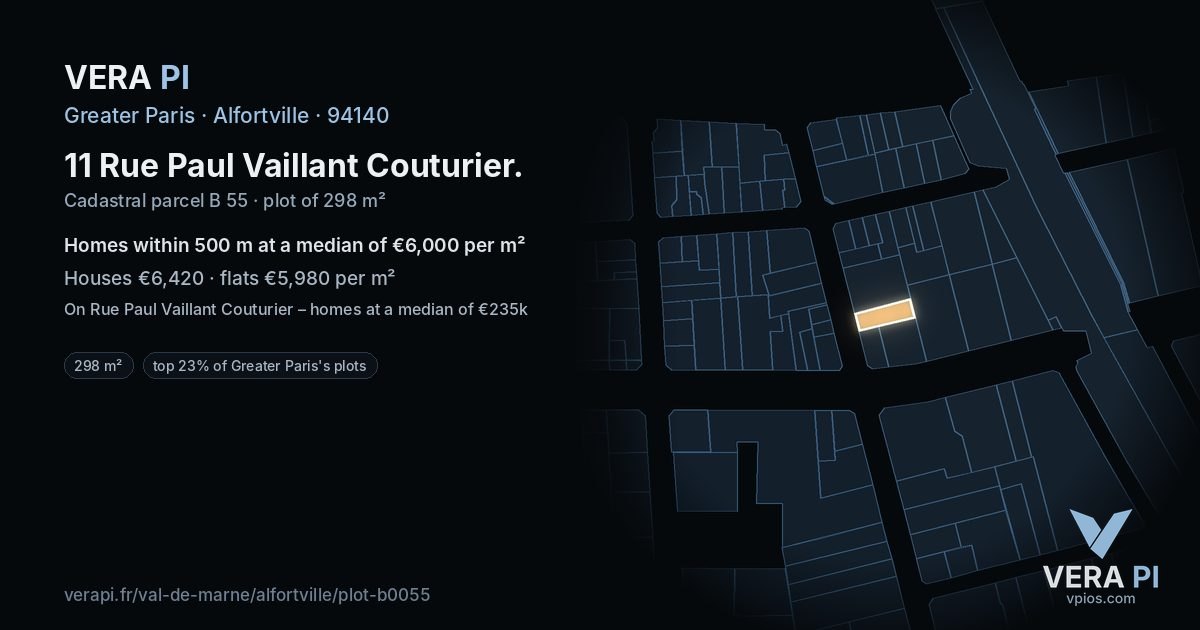 11 Rue Paul Vaillant Couturier, Alfortville at night – the plot lit, the parcels around coloured by the prices near them