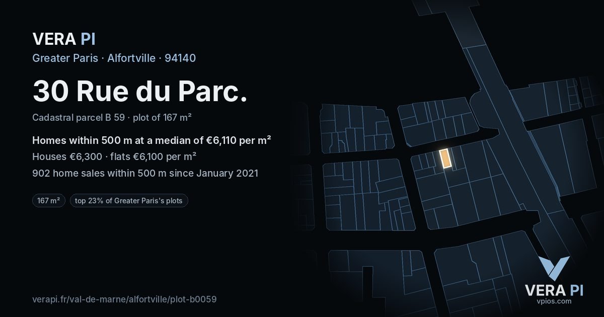 30 Rue du Parc, Alfortville at night – the plot lit, the parcels around coloured by the prices near them