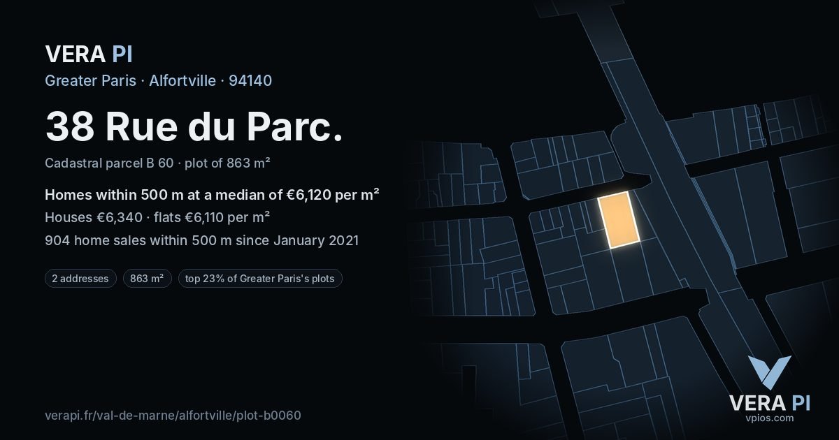 38 Rue du Parc, Alfortville at night – the plot lit, the parcels around coloured by the prices near them