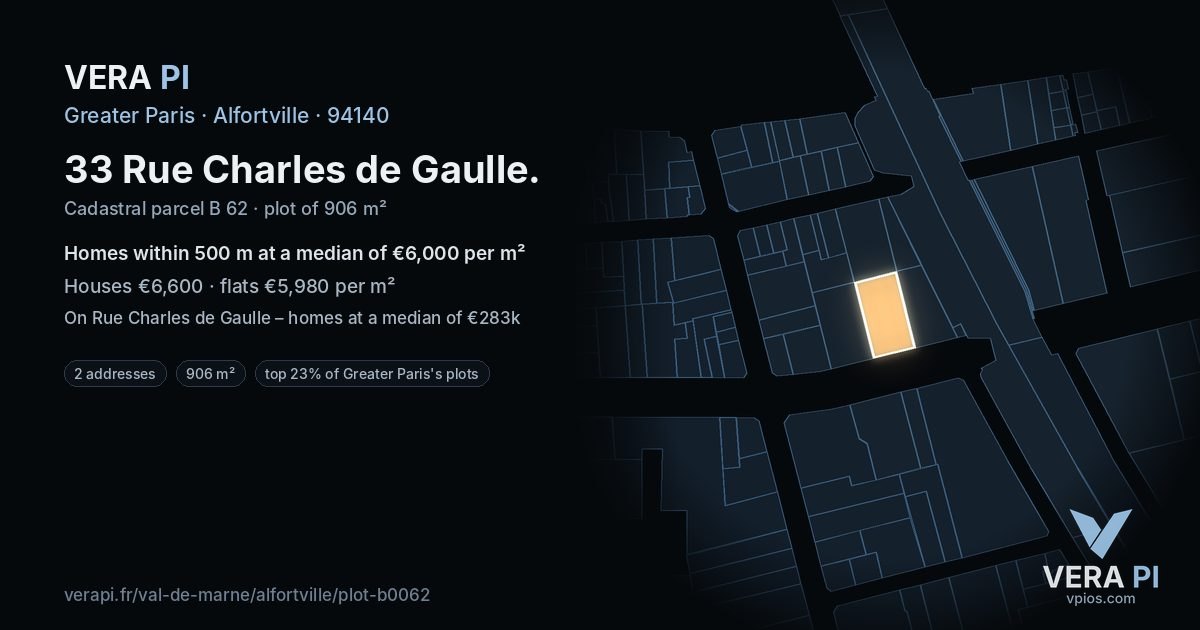 33 Rue Charles de Gaulle, Alfortville at night – the plot lit, the parcels around coloured by the prices near them