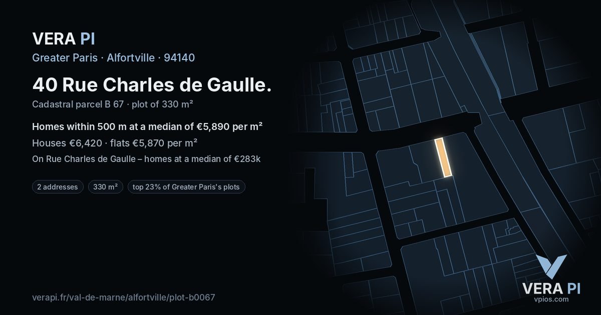 40 Rue Charles de Gaulle, Alfortville at night – the plot lit, the parcels around coloured by the prices near them