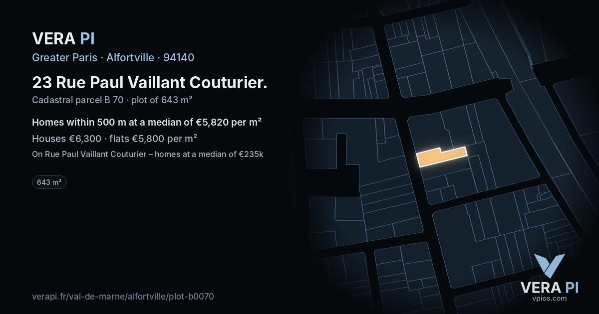 23 Rue Paul Vaillant Couturier, Alfortville at night – the plot lit, the parcels around coloured by the prices near them