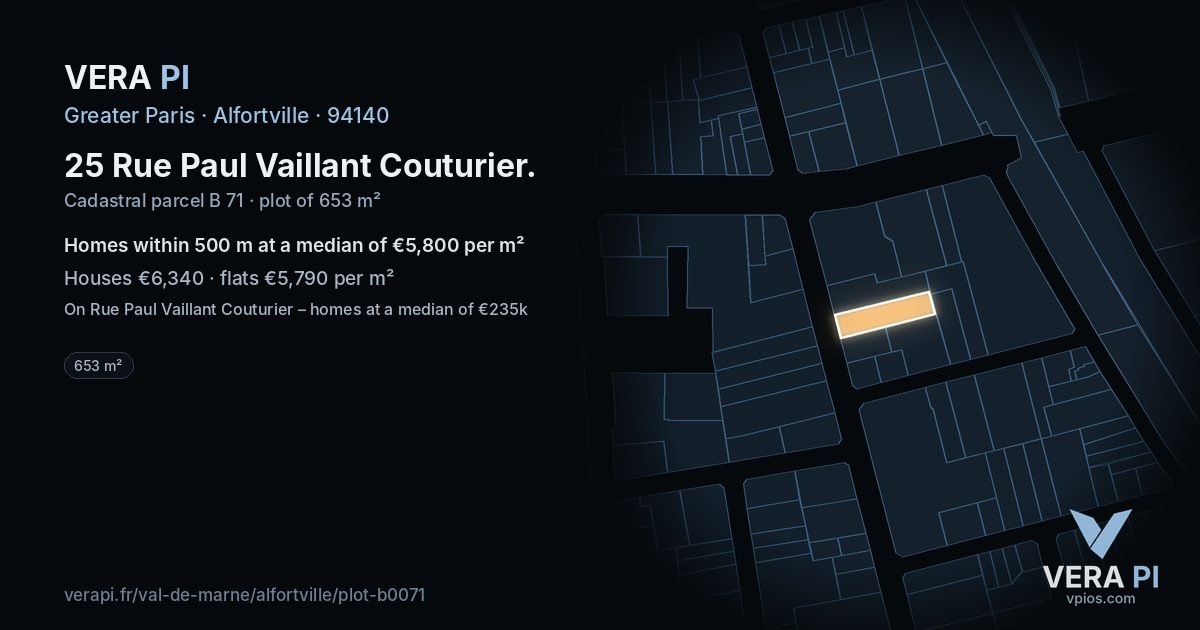 25 Rue Paul Vaillant Couturier, Alfortville at night – the plot lit, the parcels around coloured by the prices near them
