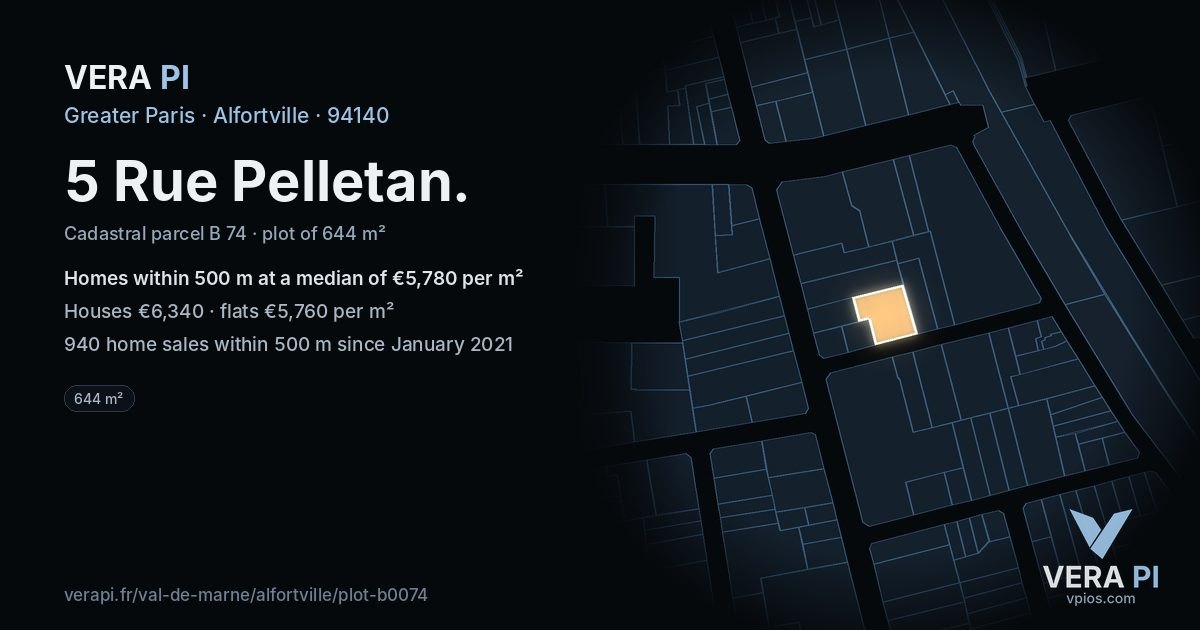 5 Rue Pelletan, Alfortville at night – the plot lit, the parcels around coloured by the prices near them
