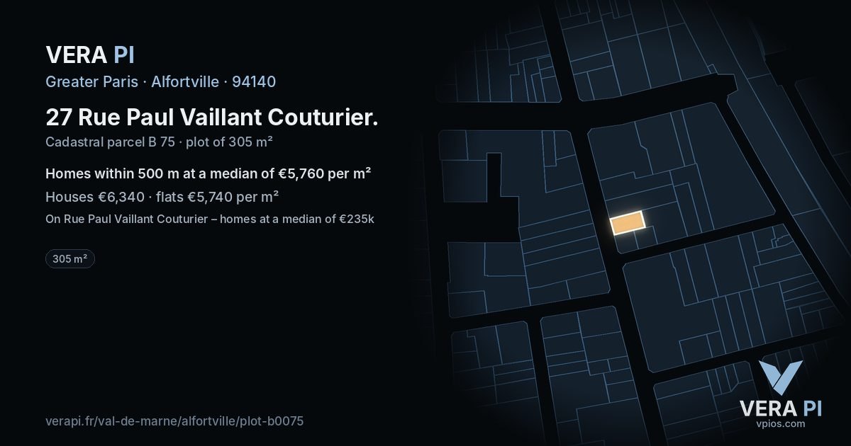 27 Rue Paul Vaillant Couturier, Alfortville at night – the plot lit, the parcels around coloured by the prices near them