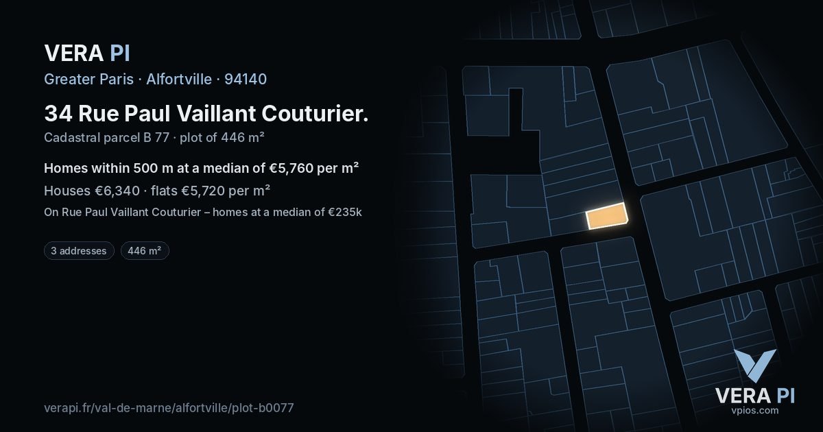 34 Rue Paul Vaillant Couturier, Alfortville at night – the plot lit, the parcels around coloured by the prices near them