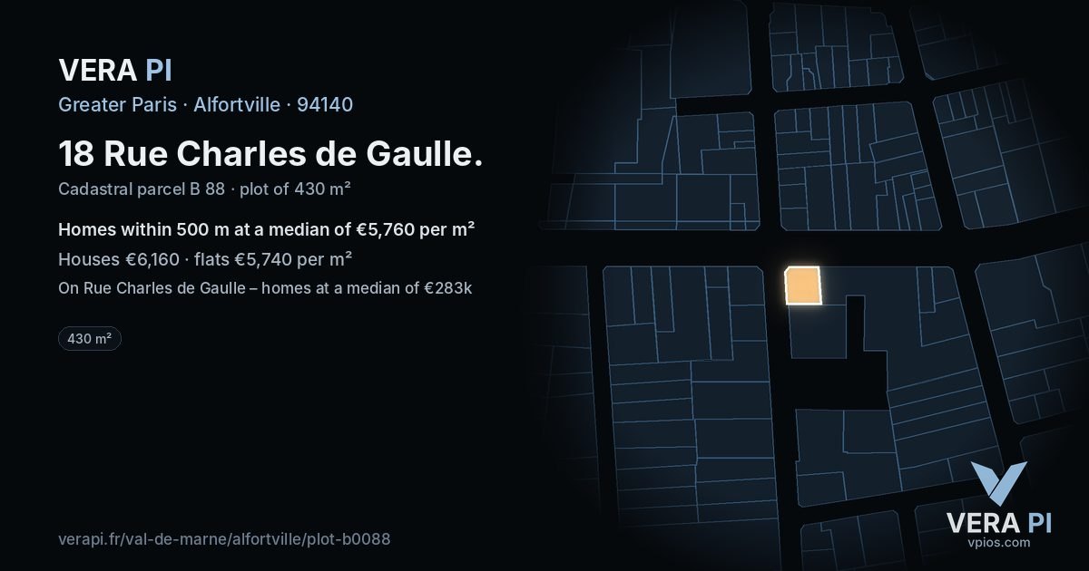 18 Rue Charles de Gaulle, Alfortville at night – the plot lit, the parcels around coloured by the prices near them