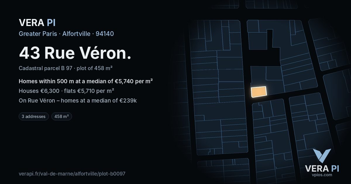 43 Rue Véron, Alfortville at night – the plot lit, the parcels around coloured by the prices near them