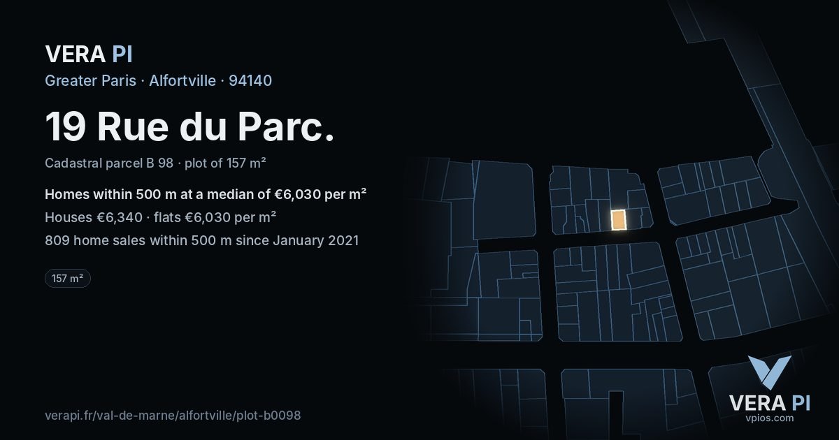 19 Rue du Parc, Alfortville at night – the plot lit, the parcels around coloured by the prices near them