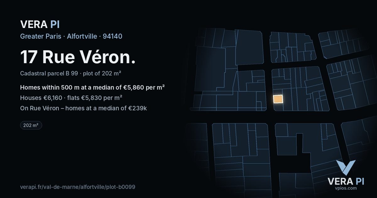 17 Rue Véron, Alfortville at night – the plot lit, the parcels around coloured by the prices near them