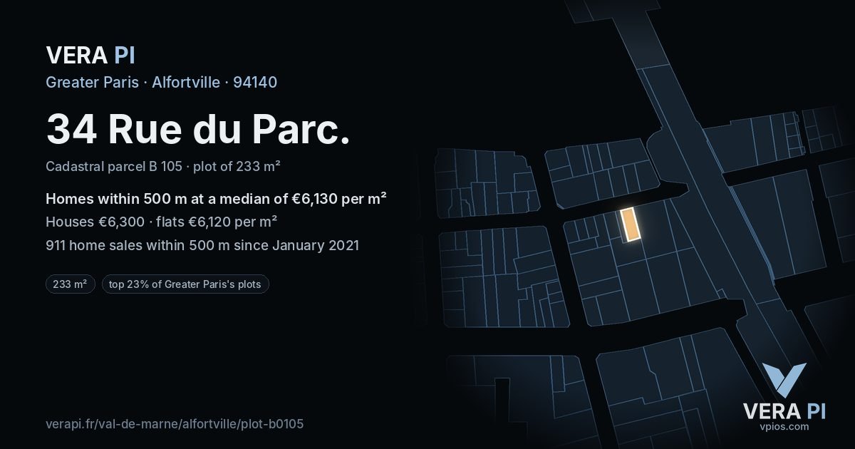 34 Rue du Parc, Alfortville at night – the plot lit, the parcels around coloured by the prices near them