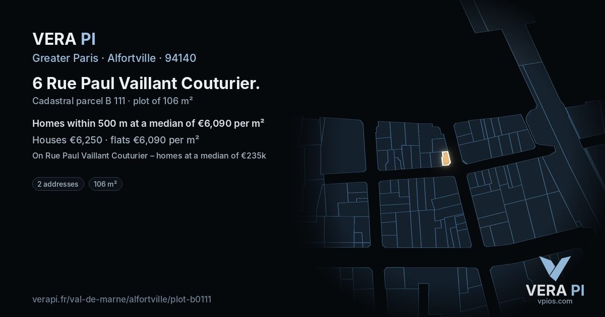 6 Rue Paul Vaillant Couturier, Alfortville at night – the plot lit, the parcels around coloured by the prices near them