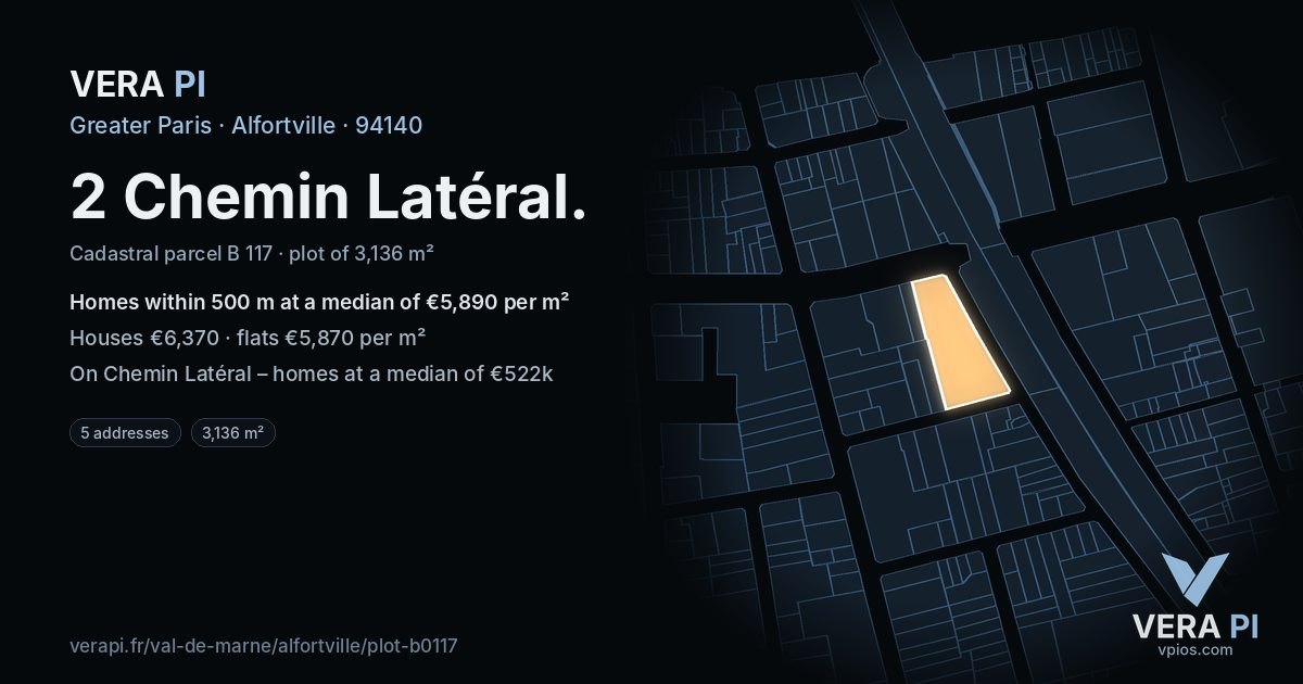 2 Chemin Latéral, Alfortville at night – the plot lit, the parcels around coloured by the prices near them