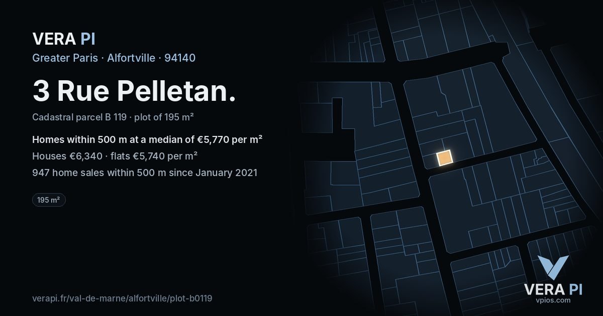 3 Rue Pelletan, Alfortville at night – the plot lit, the parcels around coloured by the prices near them