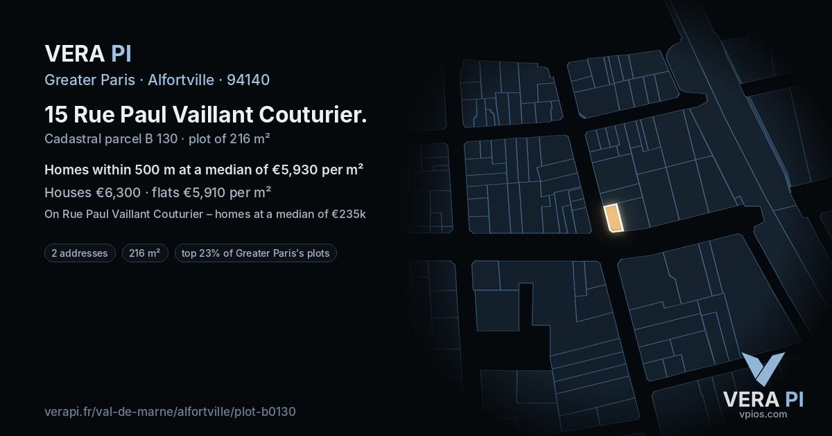 15 Rue Paul Vaillant Couturier, Alfortville at night – the plot lit, the parcels around coloured by the prices near them