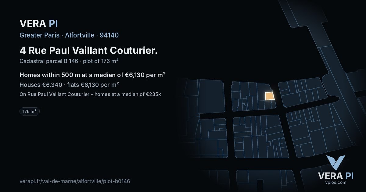 4 Rue Paul Vaillant Couturier, Alfortville at night – the plot lit, the parcels around coloured by the prices near them