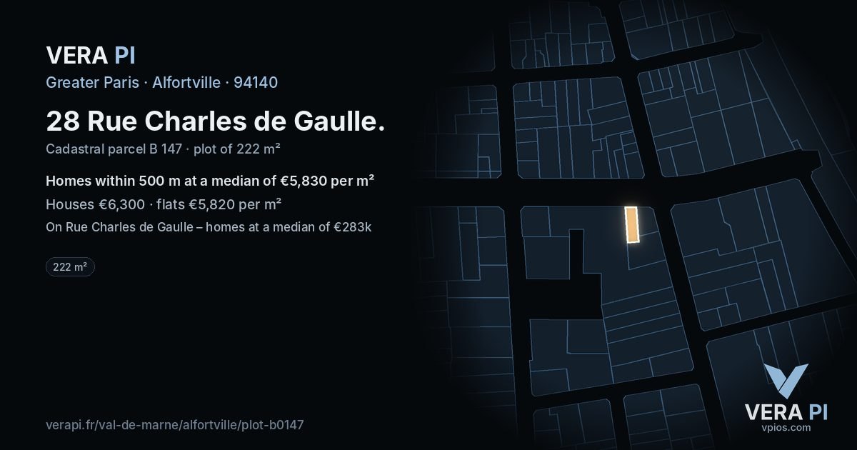 28 Rue Charles de Gaulle, Alfortville at night – the plot lit, the parcels around coloured by the prices near them