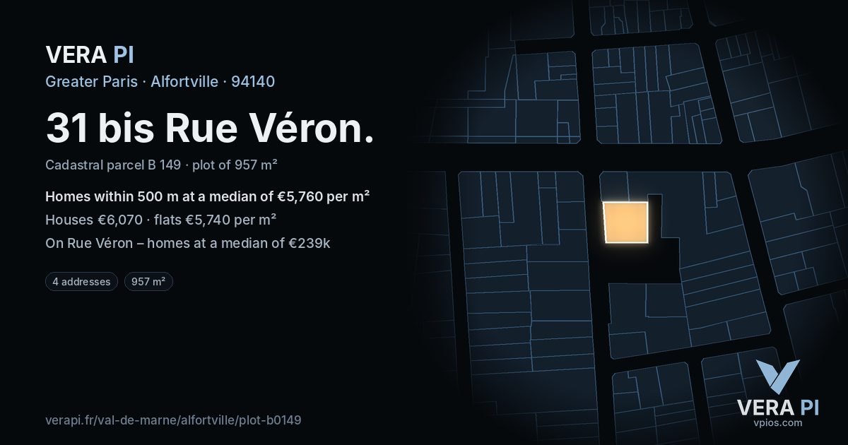 31 bis Rue Véron, Alfortville at night – the plot lit, the parcels around coloured by the prices near them