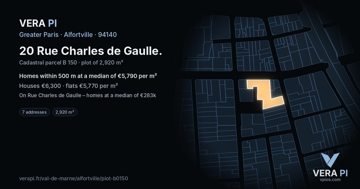 20 Rue Charles de Gaulle, Alfortville at night – the plot lit, the parcels around coloured by the prices near them