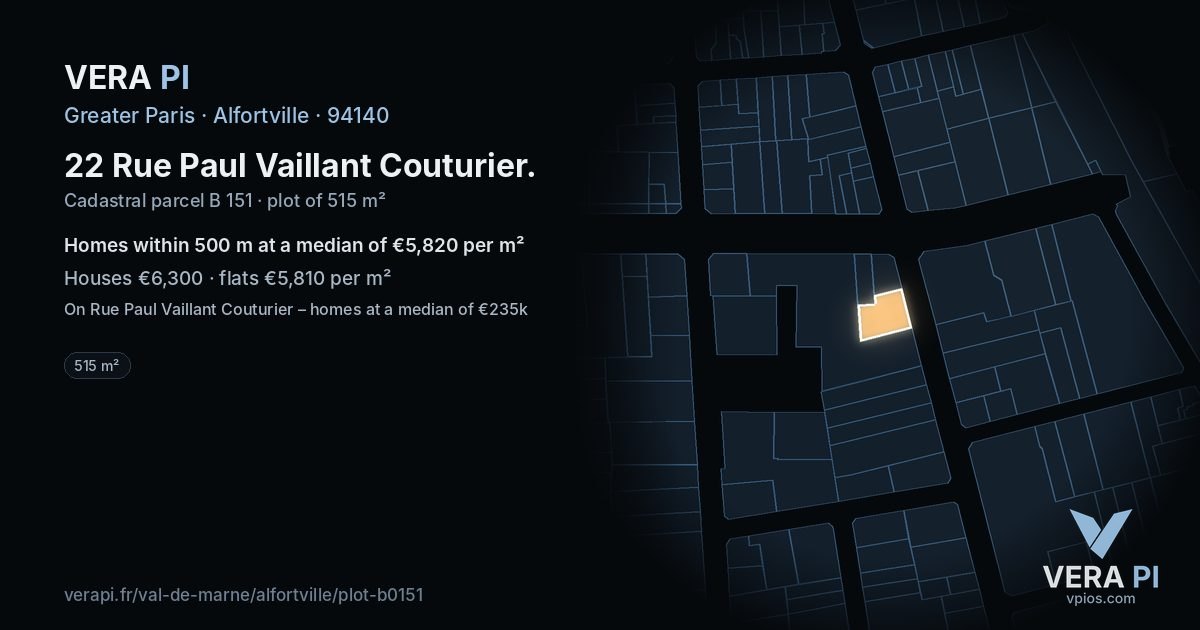 22 Rue Paul Vaillant Couturier, Alfortville at night – the plot lit, the parcels around coloured by the prices near them