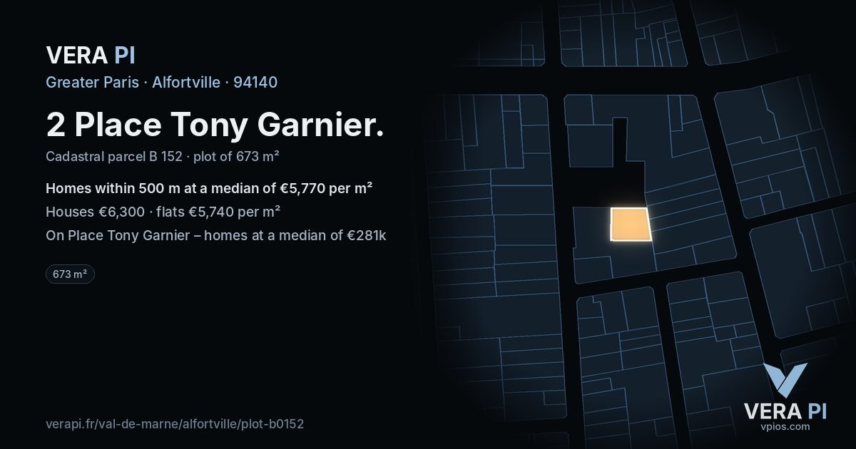 2 Place Tony Garnier, Alfortville at night – the plot lit, the parcels around coloured by the prices near them