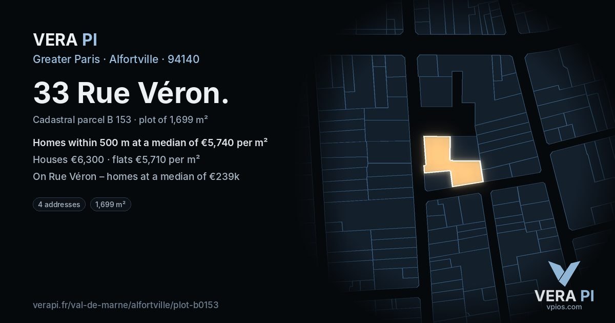 33 Rue Véron, Alfortville at night – the plot lit, the parcels around coloured by the prices near them