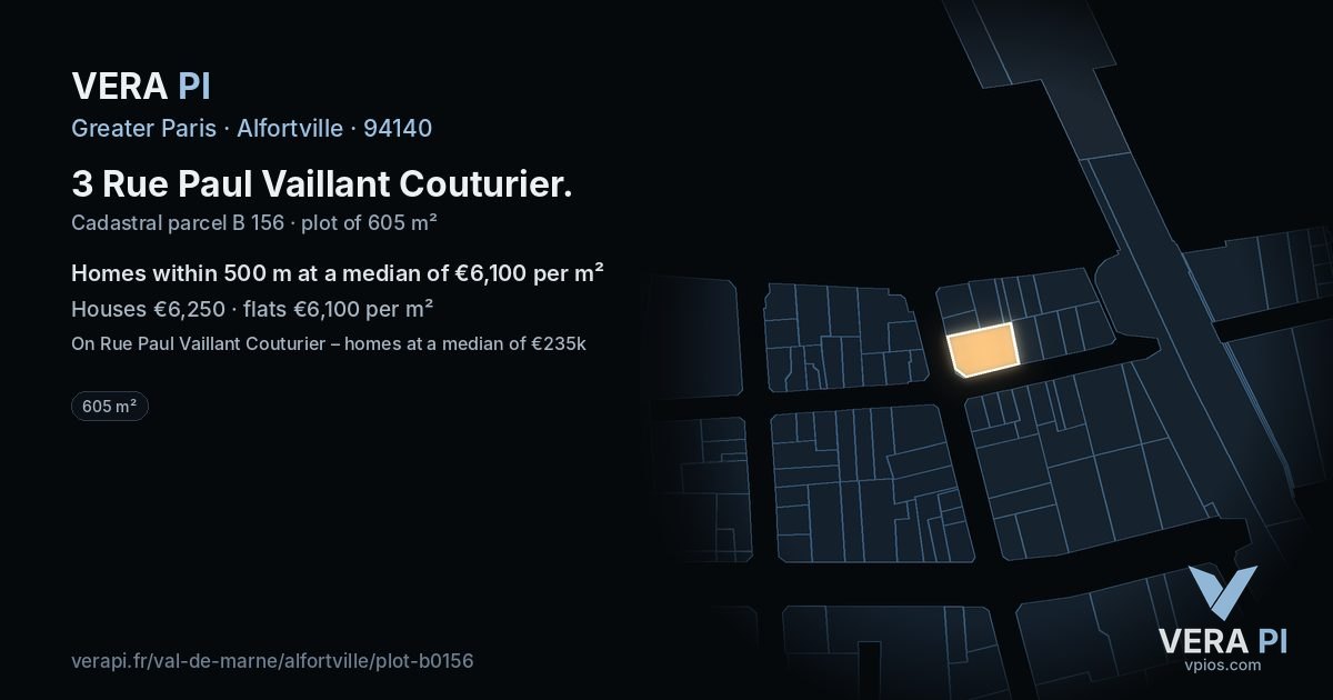 3 Rue Paul Vaillant Couturier, Alfortville at night – the plot lit, the parcels around coloured by the prices near them