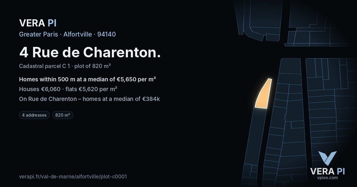 4 Rue de Charenton, Alfortville at night – the plot lit, the parcels around coloured by the prices near them