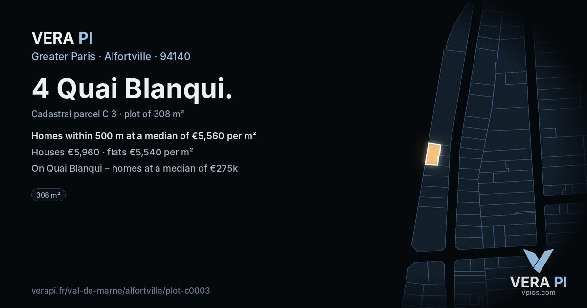 4 Quai Blanqui, Alfortville at night – the plot lit, the parcels around coloured by the prices near them