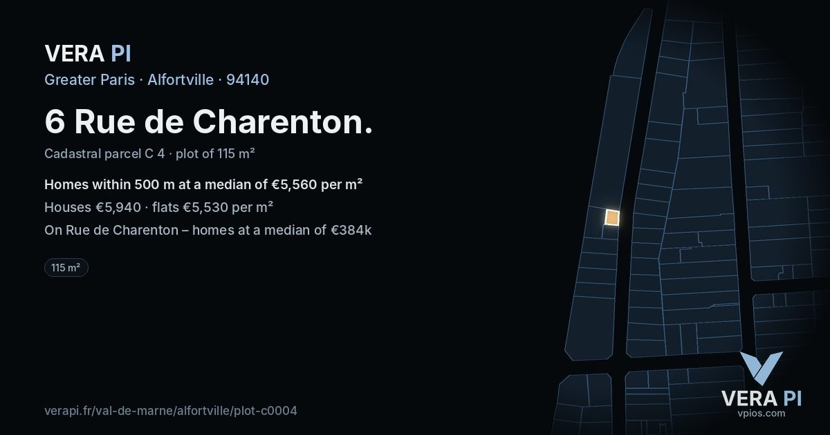 6 Rue de Charenton, Alfortville at night – the plot lit, the parcels around coloured by the prices near them
