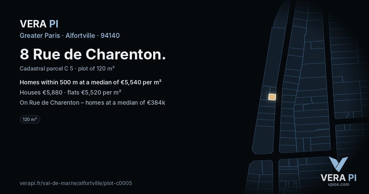 8 Rue de Charenton, Alfortville at night – the plot lit, the parcels around coloured by the prices near them