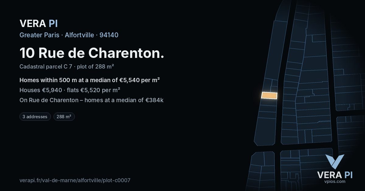 10 Rue de Charenton, Alfortville at night – the plot lit, the parcels around coloured by the prices near them