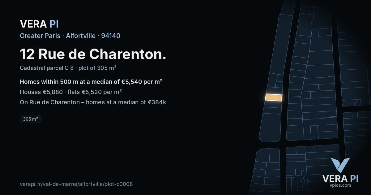 12 Rue de Charenton, Alfortville at night – the plot lit, the parcels around coloured by the prices near them