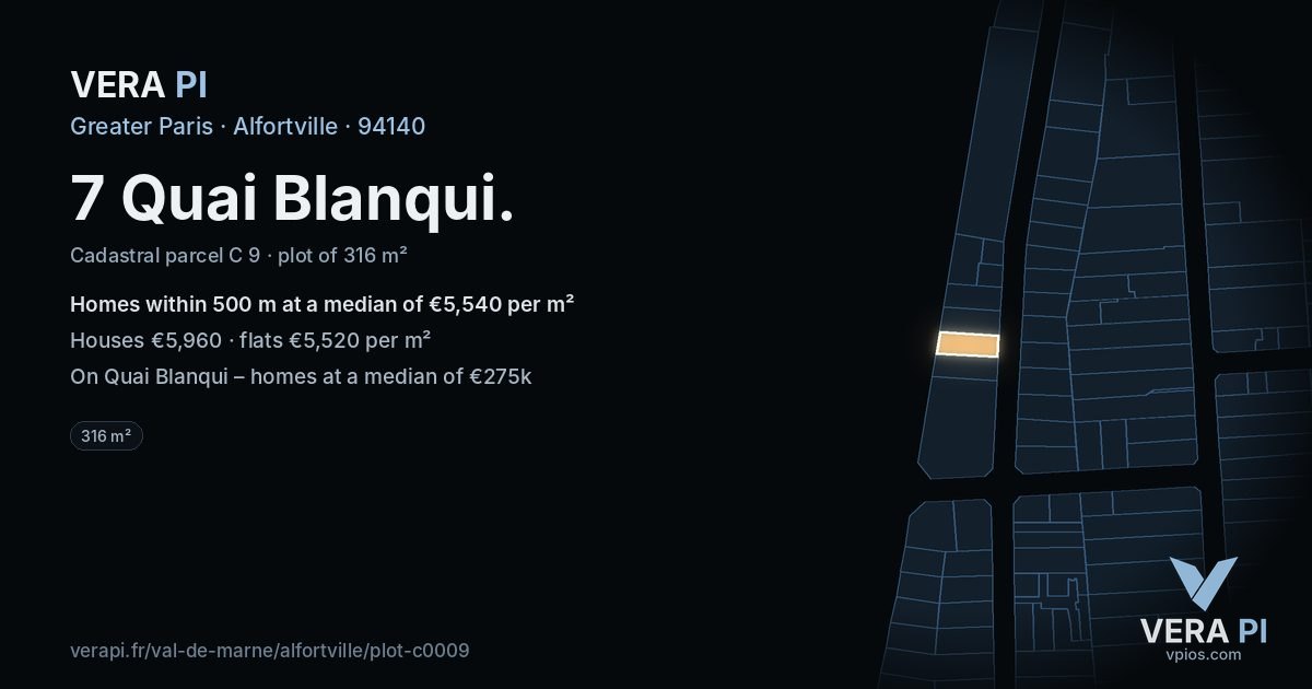 7 Quai Blanqui, Alfortville at night – the plot lit, the parcels around coloured by the prices near them