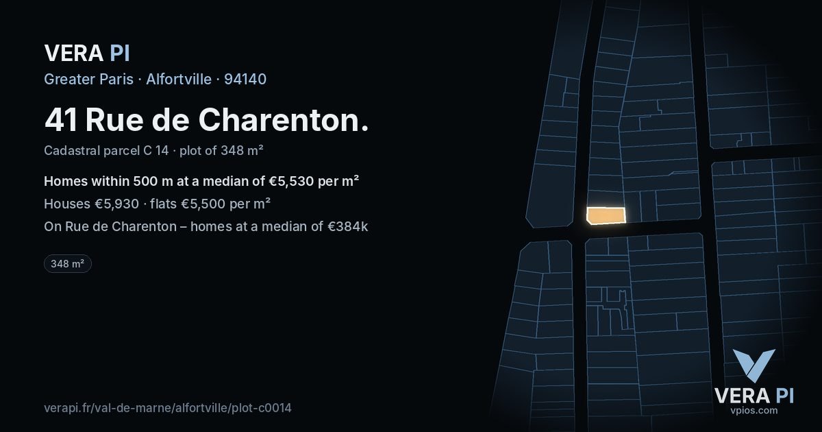 41 Rue de Charenton, Alfortville at night – the plot lit, the parcels around coloured by the prices near them