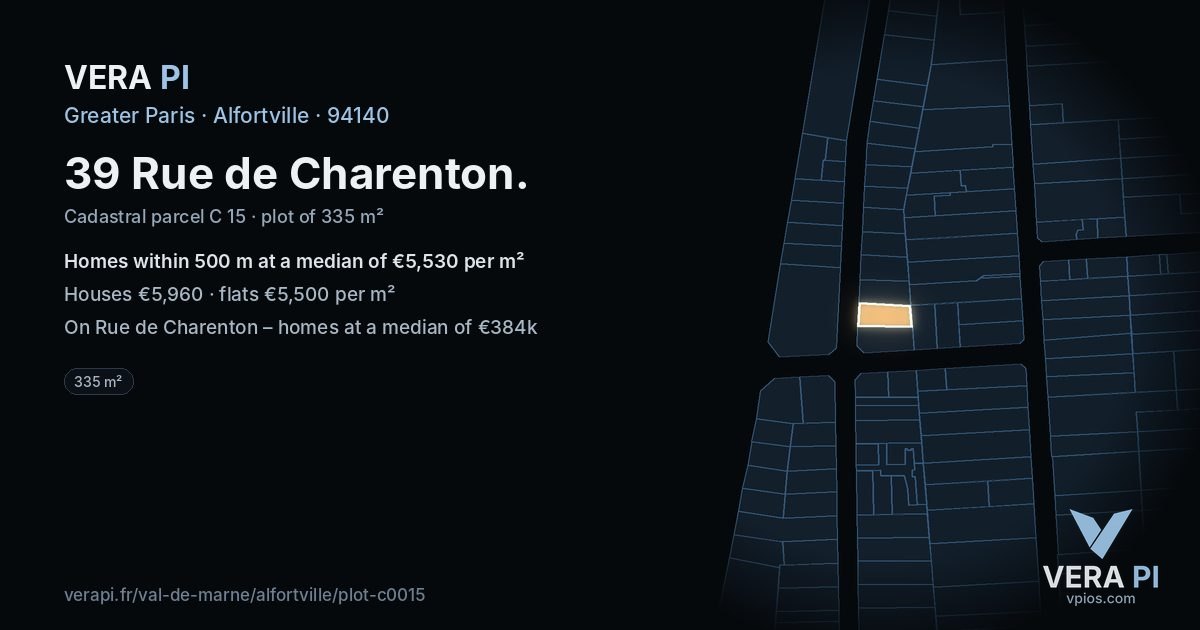 39 Rue de Charenton, Alfortville at night – the plot lit, the parcels around coloured by the prices near them