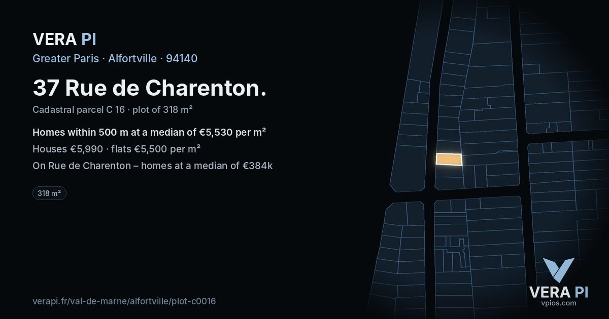 37 Rue de Charenton, Alfortville at night – the plot lit, the parcels around coloured by the prices near them