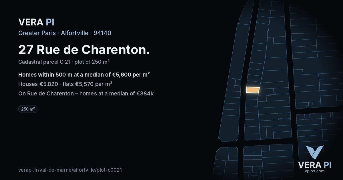 27 Rue de Charenton, Alfortville at night – the plot lit, the parcels around coloured by the prices near them