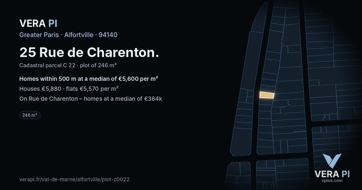 25 Rue de Charenton, Alfortville at night – the plot lit, the parcels around coloured by the prices near them