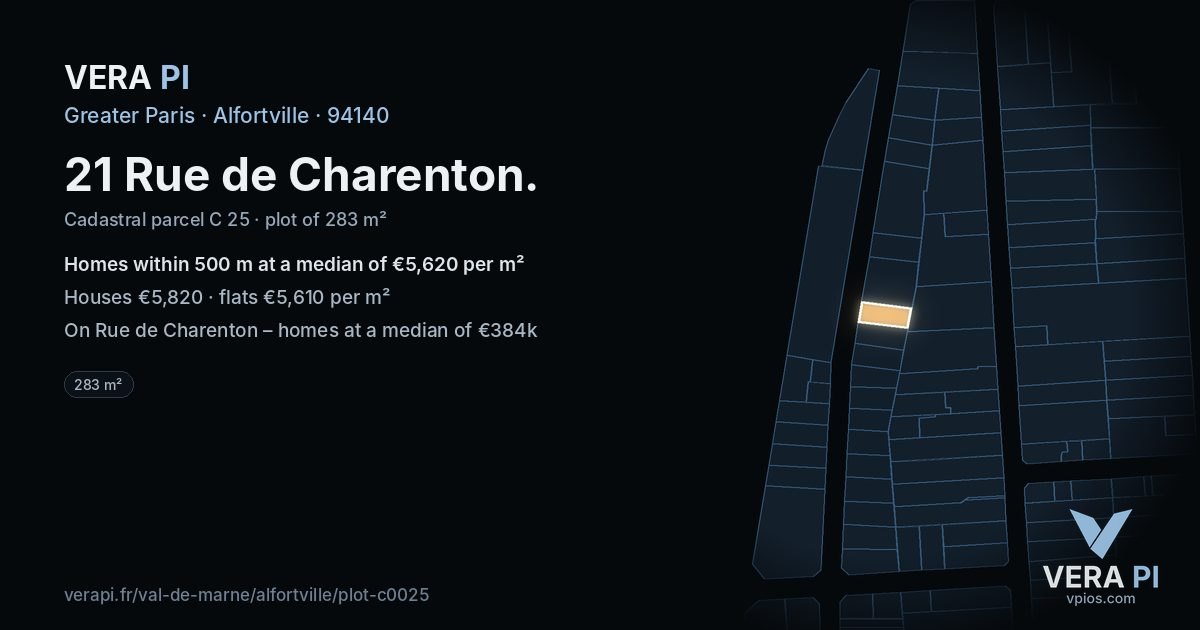 21 Rue de Charenton, Alfortville at night – the plot lit, the parcels around coloured by the prices near them