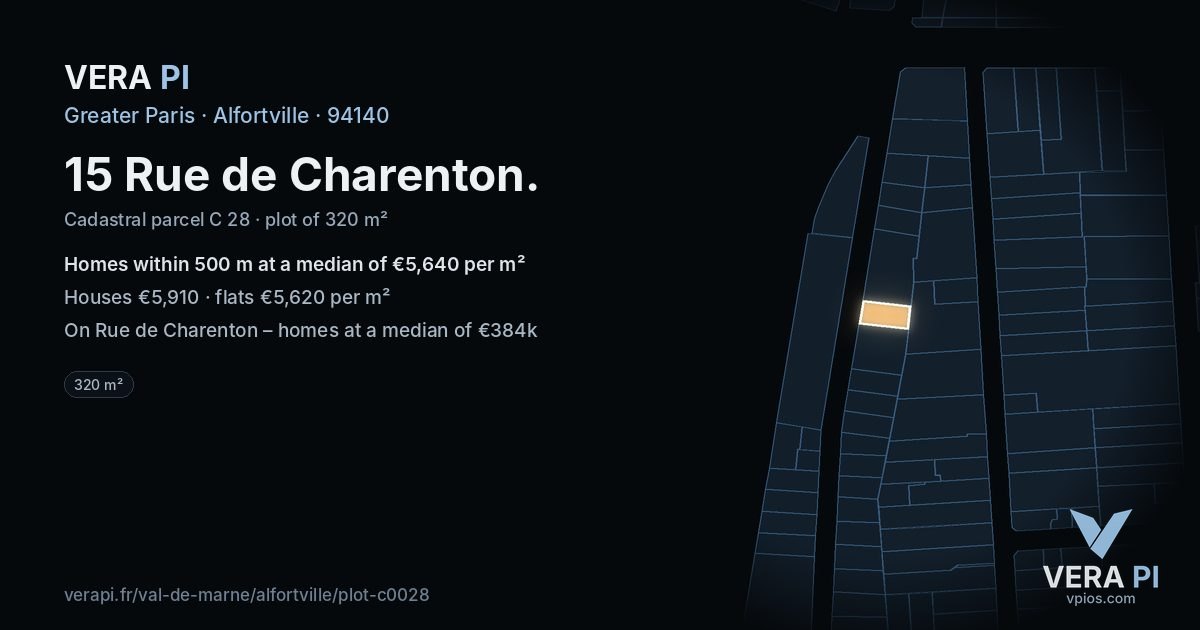 15 Rue de Charenton, Alfortville at night – the plot lit, the parcels around coloured by the prices near them