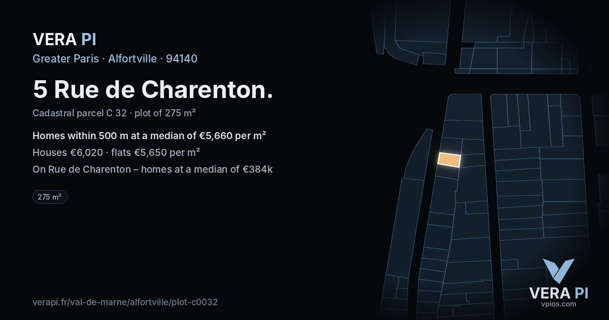 5 Rue de Charenton, Alfortville at night – the plot lit, the parcels around coloured by the prices near them