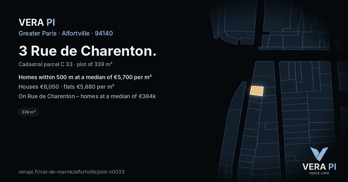 3 Rue de Charenton, Alfortville at night – the plot lit, the parcels around coloured by the prices near them