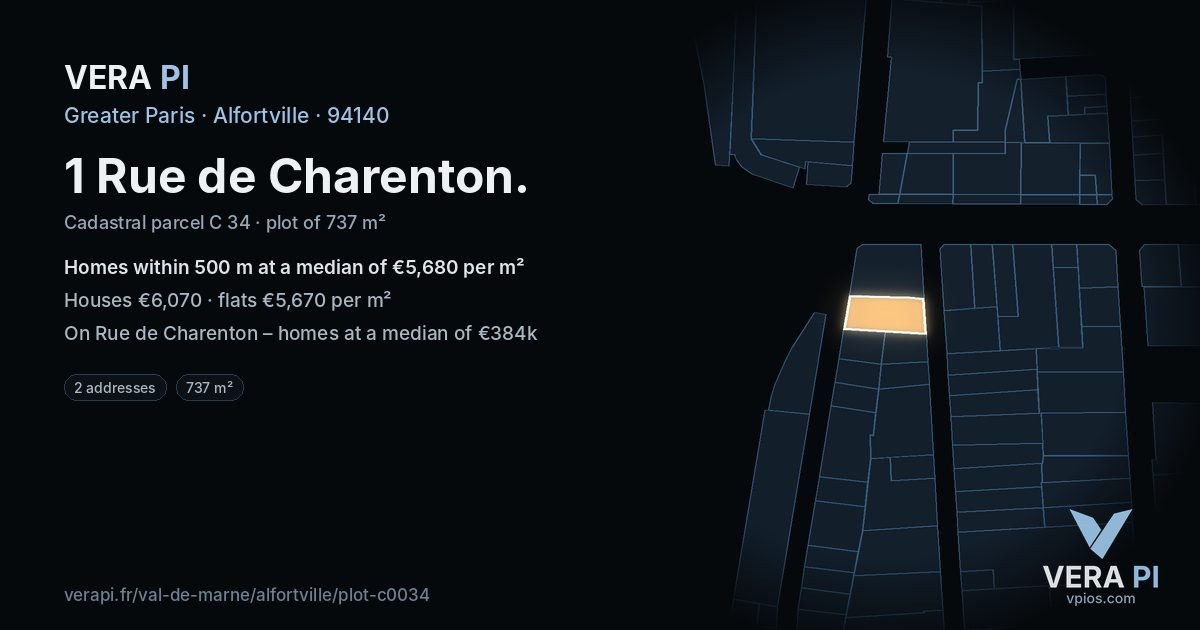1 Rue de Charenton, Alfortville at night – the plot lit, the parcels around coloured by the prices near them